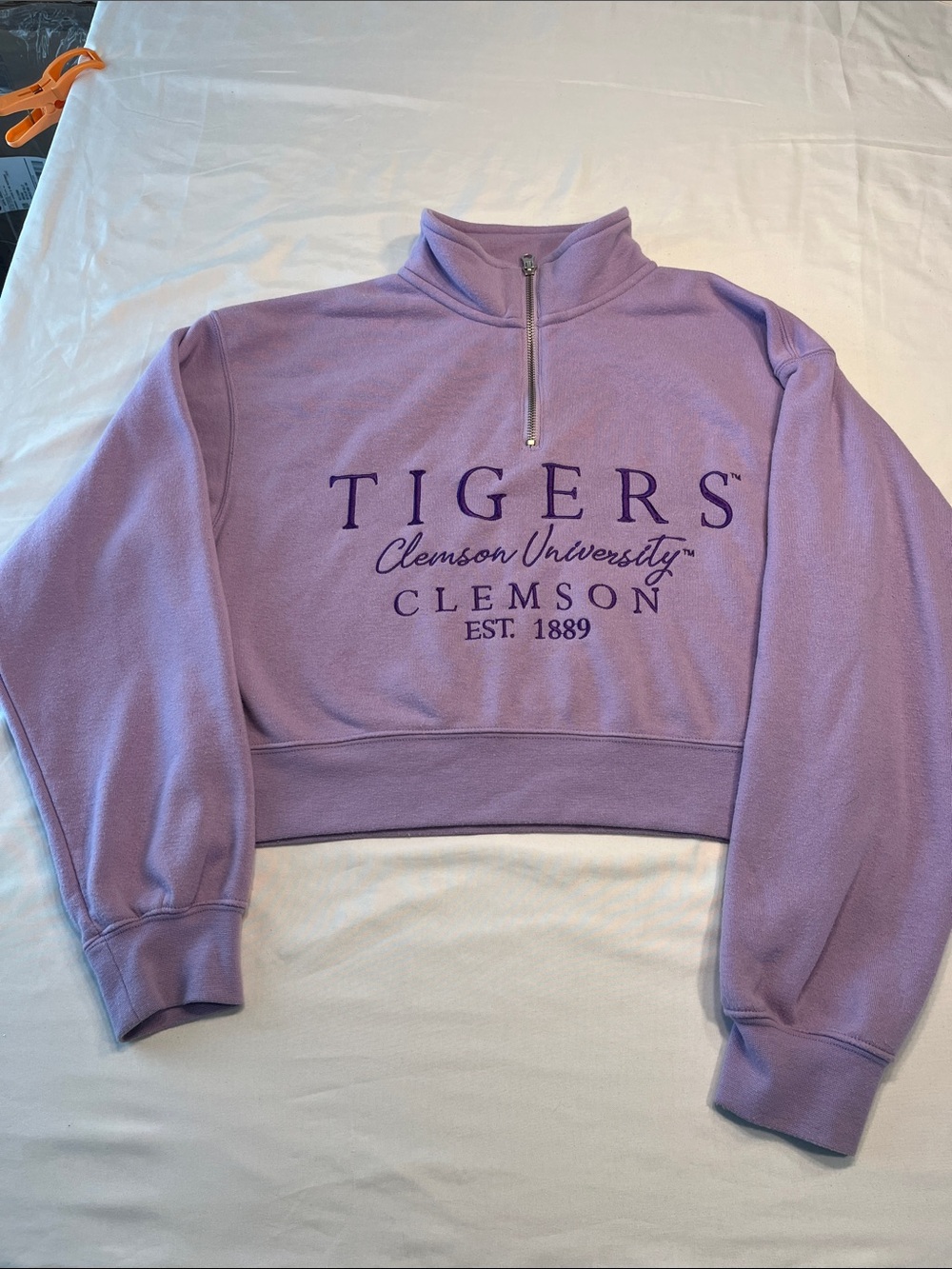 ZooZatz Clemson Tigers Quarter Zip Crop Sweatshirt Medium Purple Fleece